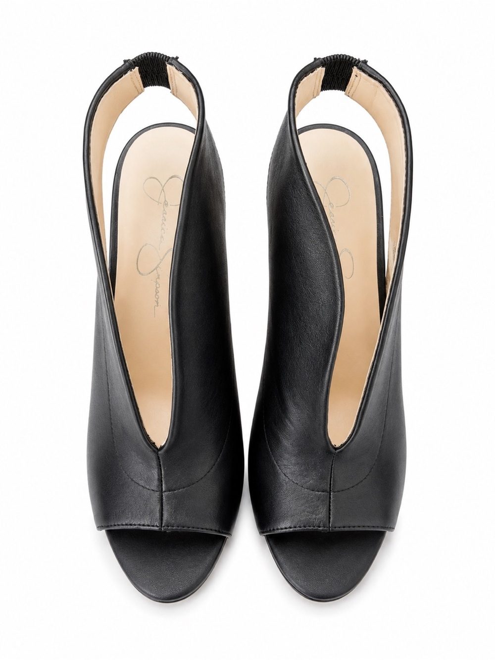 Jessica Simpson Black open-toe slingback booties  feature a high stiletto